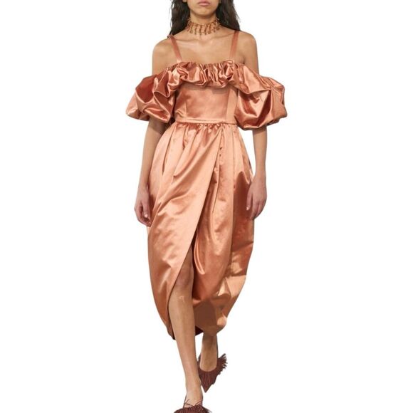 Ulla Johnson Copper Orange Off Shoulder Satin Tulip Lelita Midi Dress 10 - Picture 1 of 8